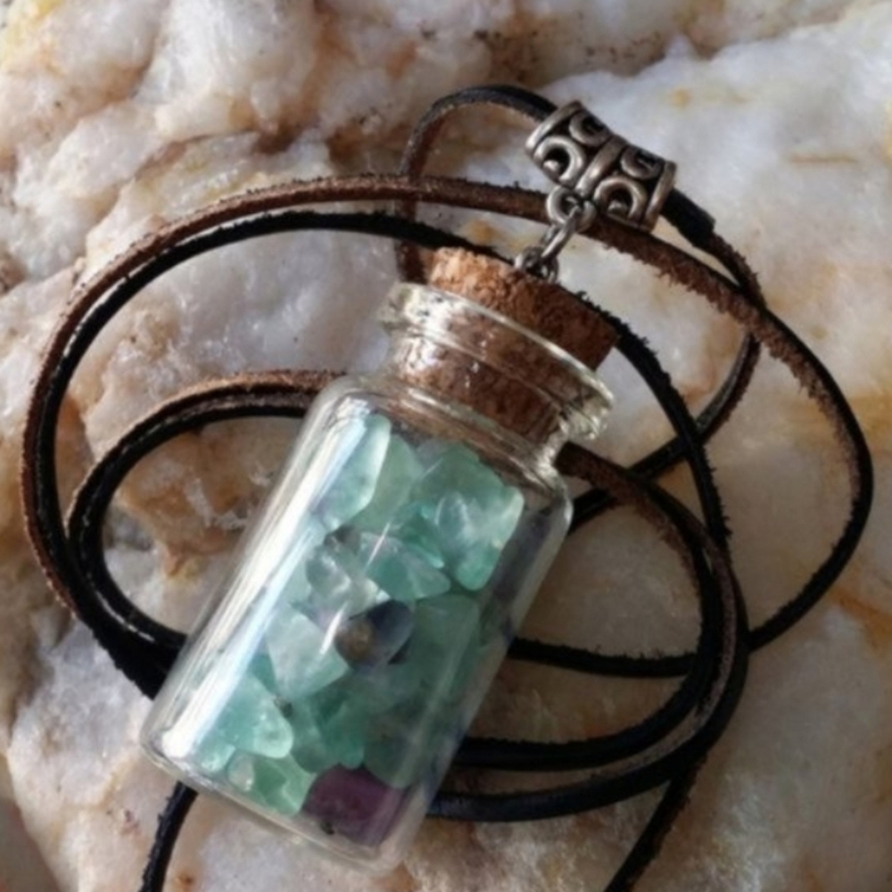 ❤️ Stone necklace Spiritual Genuine Fluorite Stones Genuine Leather